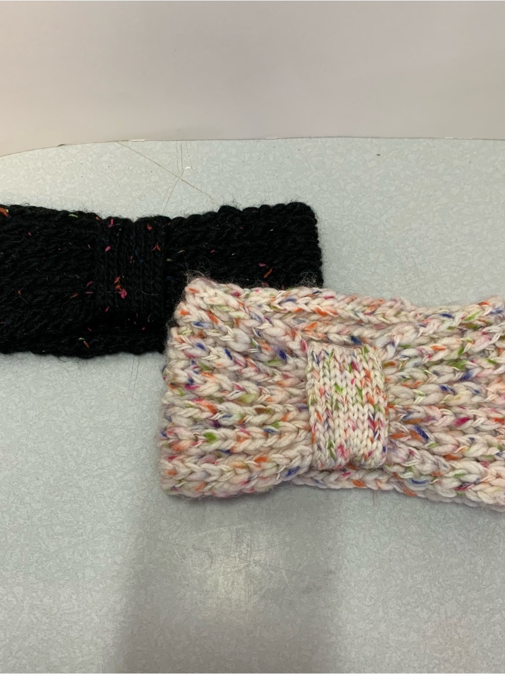Set of 2 Chunky Knit Bow Ear Warmer Headbands - Black & Cream Confetti